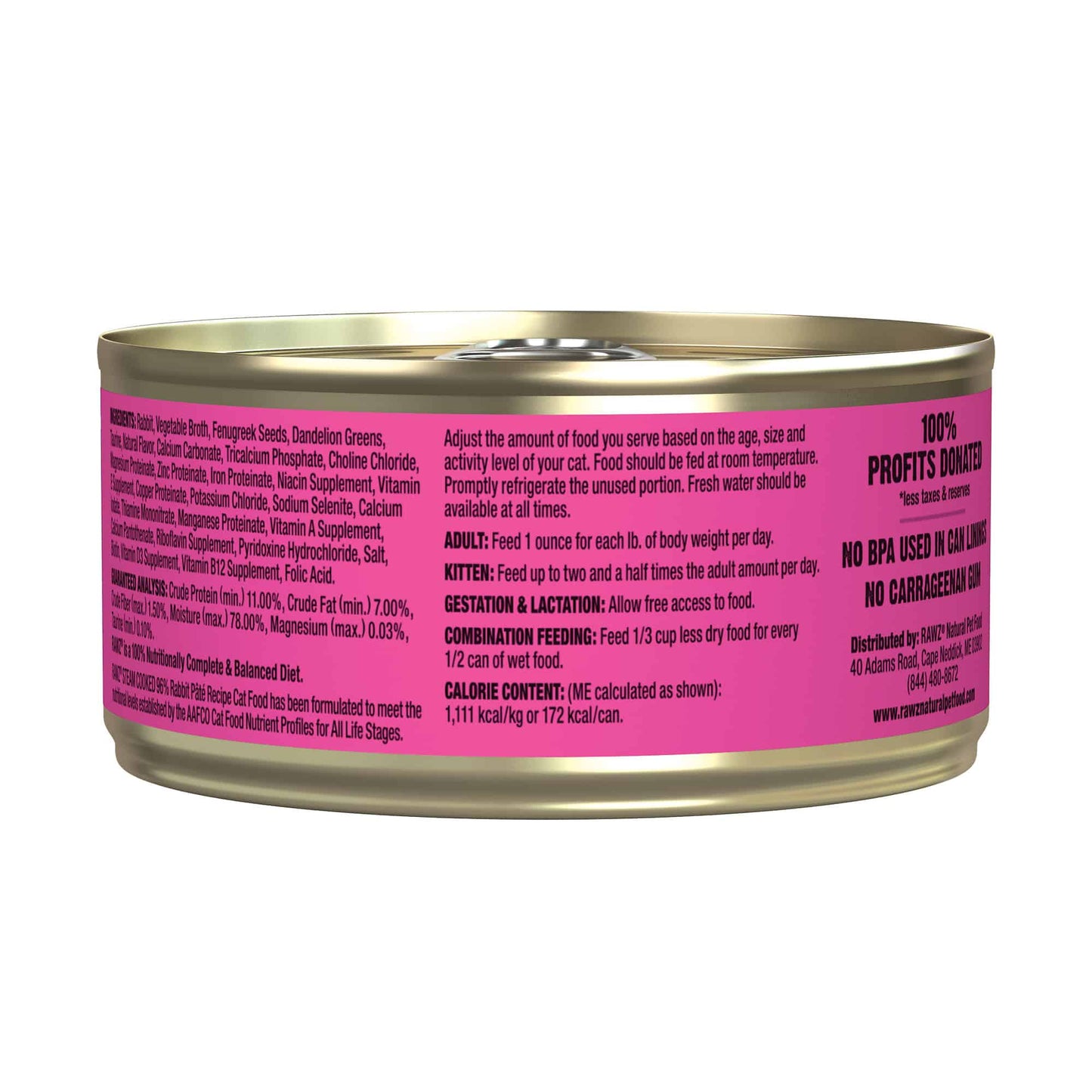 Rawz Cat Can GF 96% Rabbit Pate' 5.5 oz